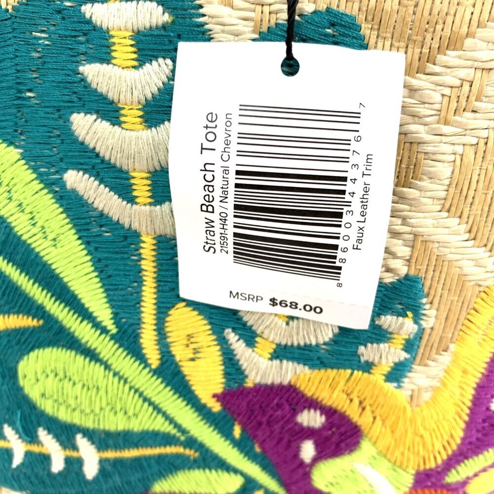 Vera Bradley Large Embroidered Floral Straw Beach Tote Bag Lime Green Purple NWT - Picture 2 of 9